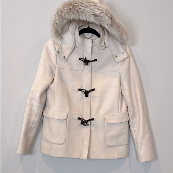 Massimo Dutti Wool Pea Coat Women's Size 4 Small Cream Fur Hood - Picture 1 of 11